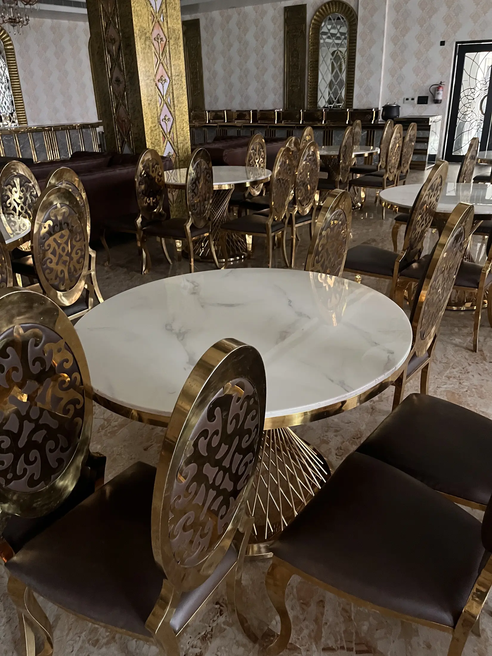 Bespoke marble table in the completed dining salon