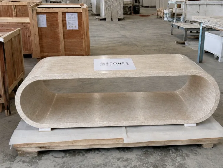 Fossil travertine desk prepared for dispatch