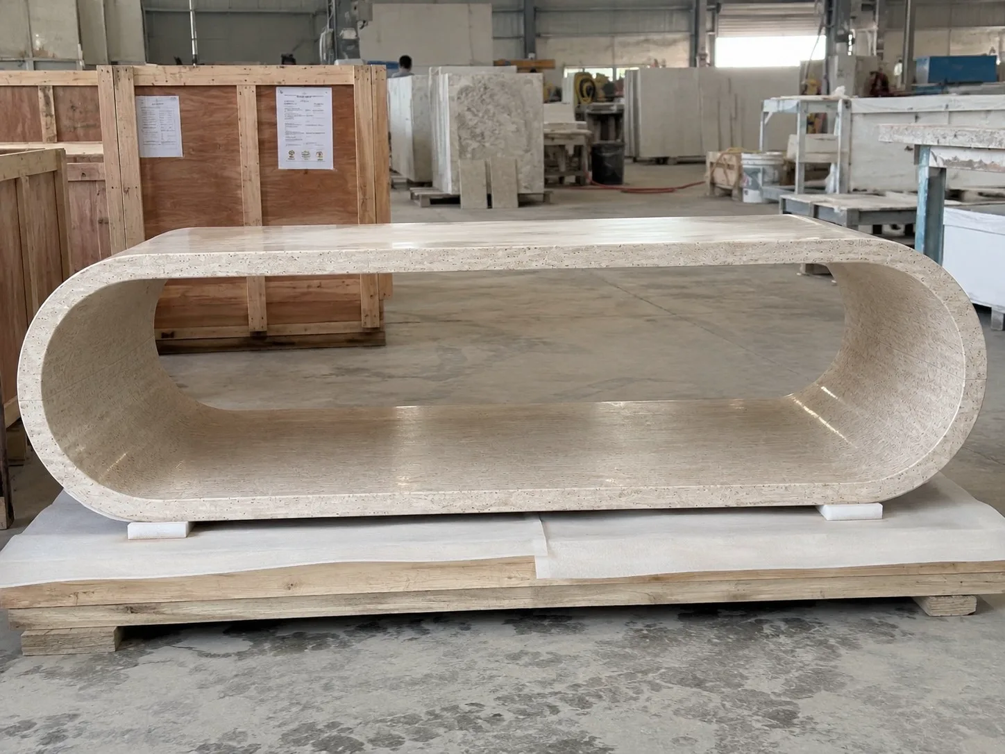 Single-block travertine desk completed in the workshop
