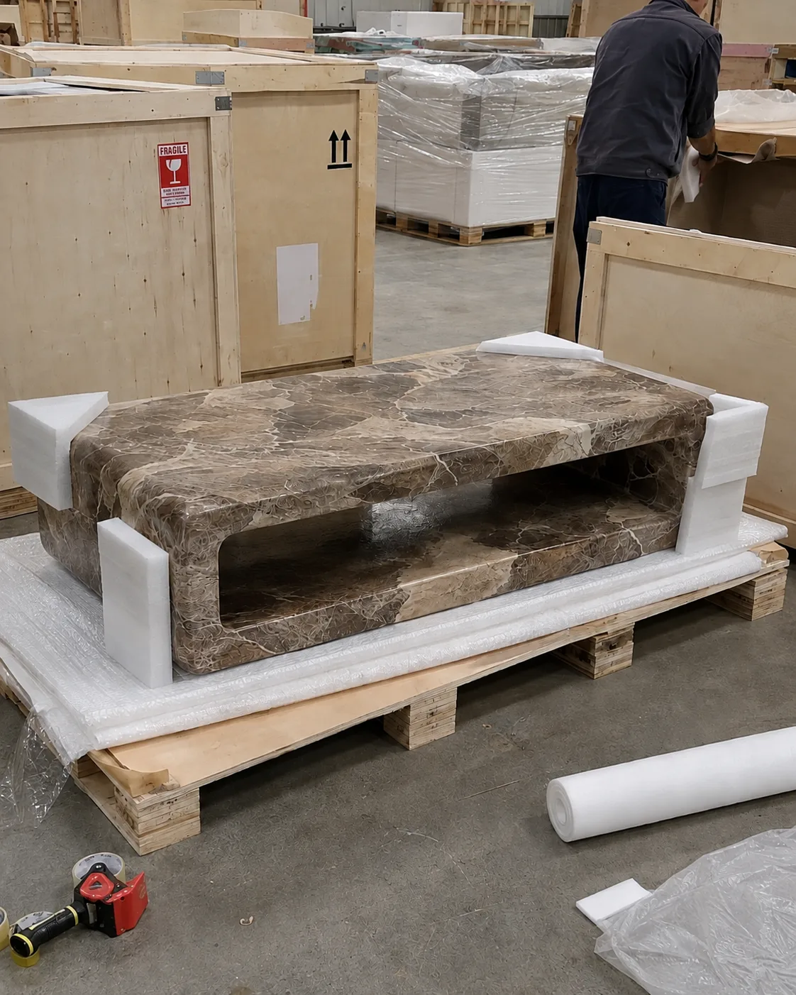 Waterfall marble coffee table in the workshop
