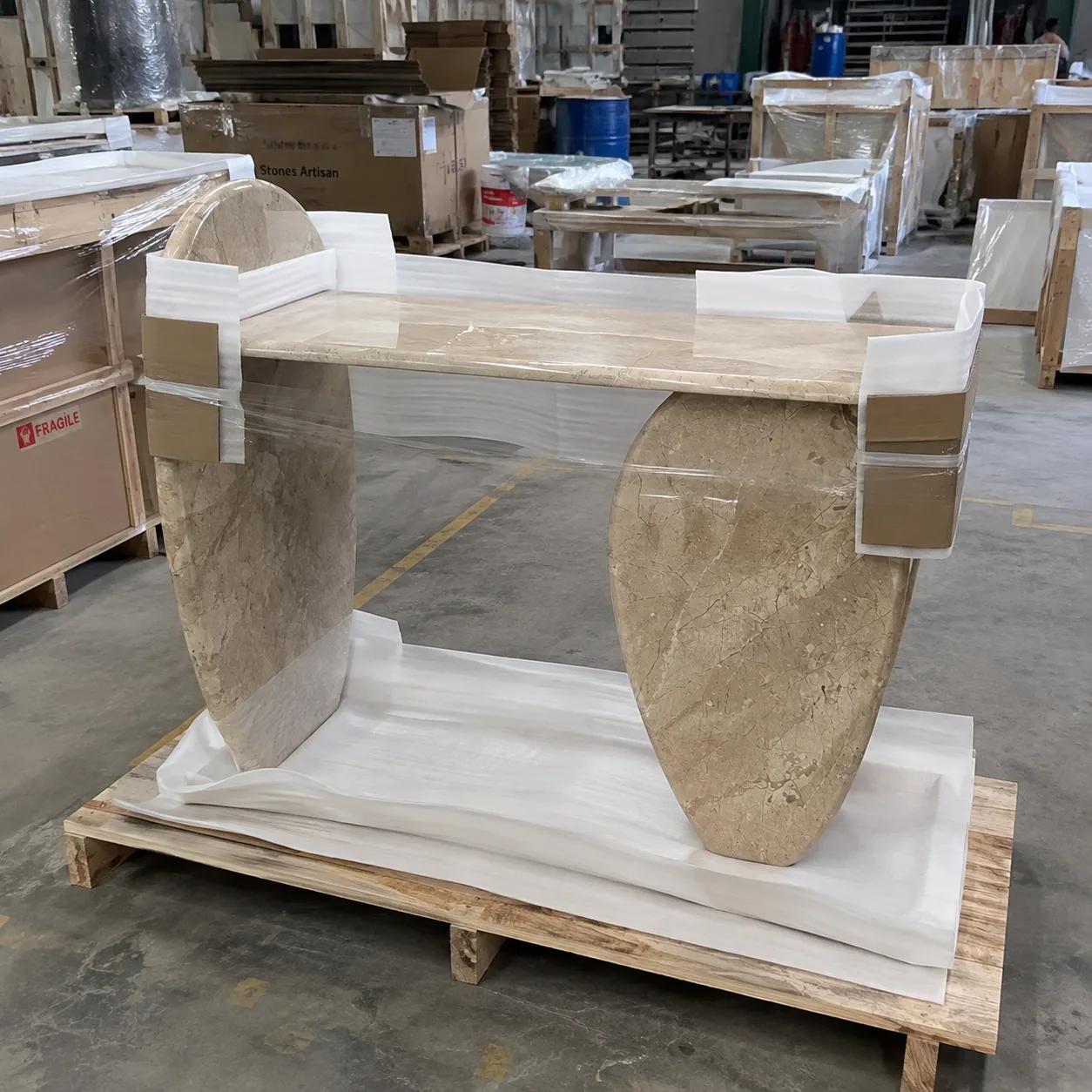 Organic marble console prepared for freight